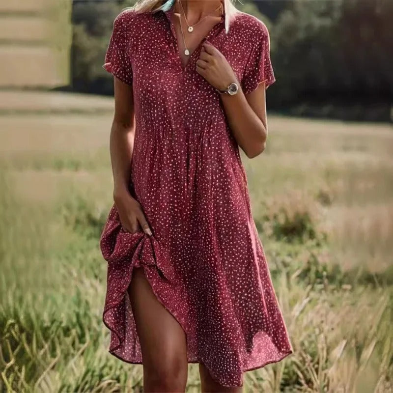 Wendy | Midi Summer Dress with V-Neck and Short Sleeves