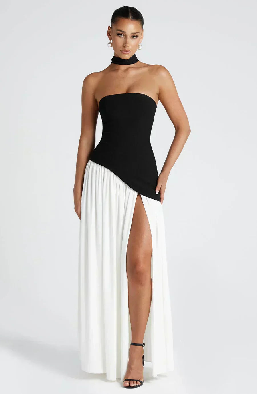 Women's Strapless Maxi Dress with Lace Up Back and High Slit