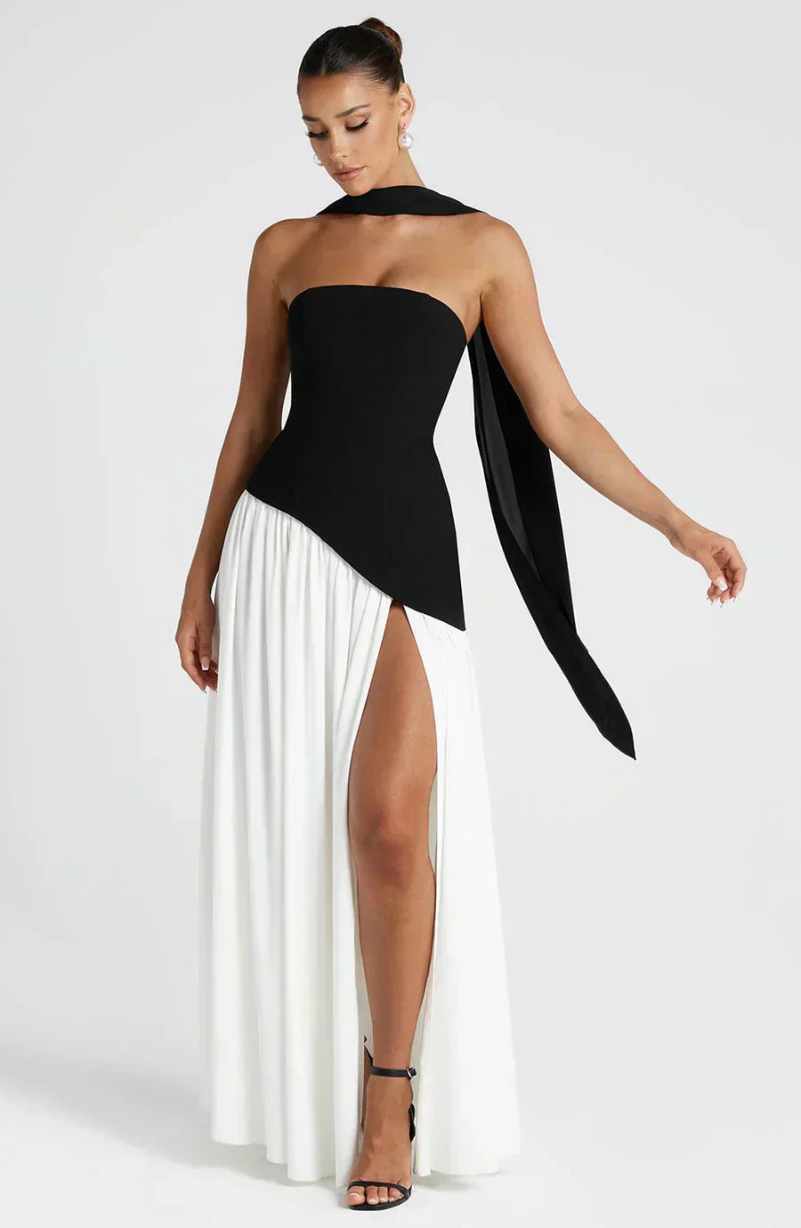 Women's Strapless Maxi Dress with Lace Up Back and High Slit