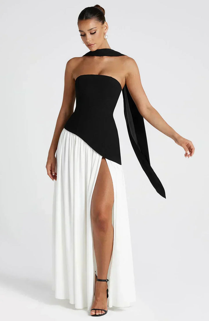 Women's Strapless Maxi Dress with Lace Up Back and High Slit