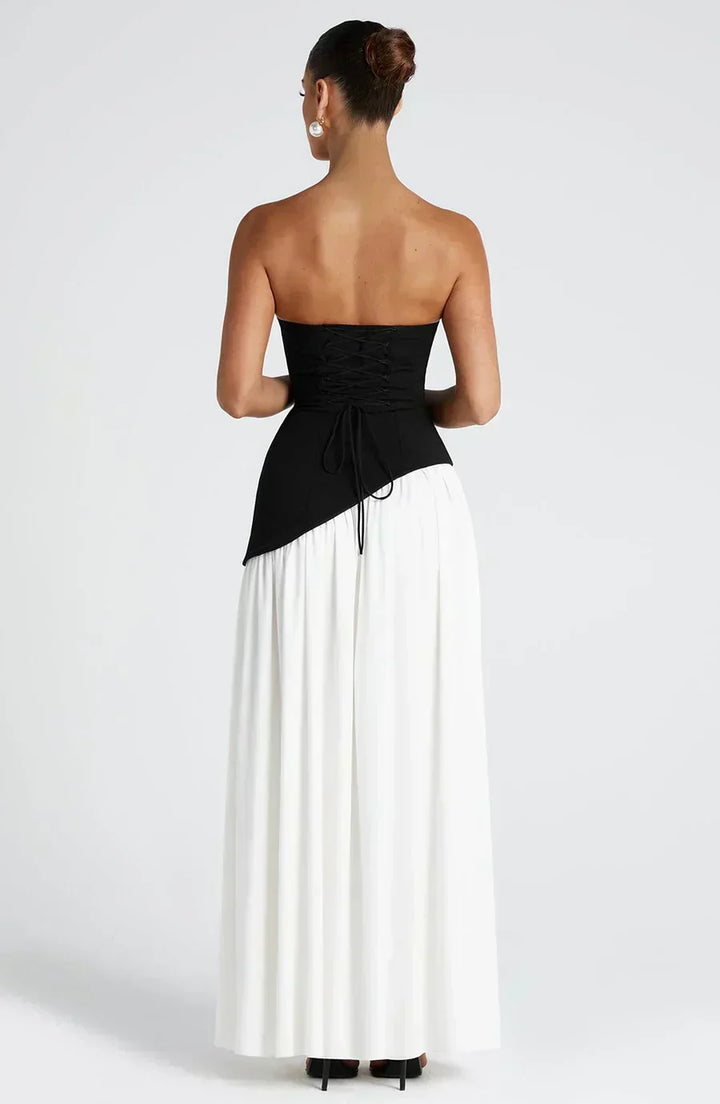 Women's Strapless Maxi Dress with Lace Up Back and High Slit