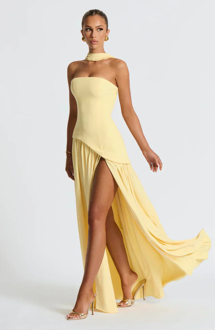 Women's Strapless Maxi Dress with Lace Up Back and High Slit