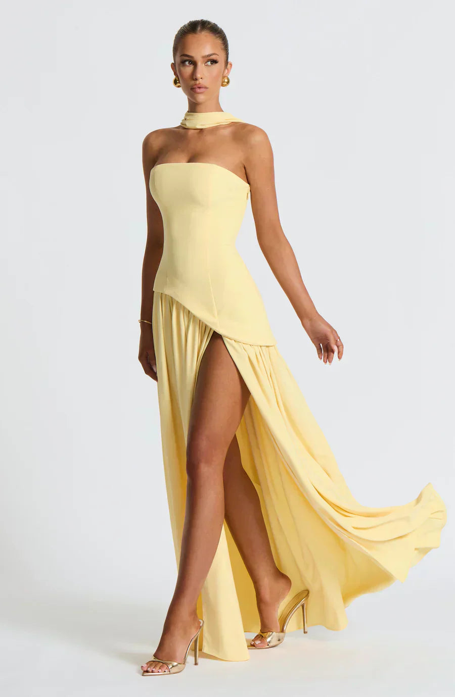 Fiona | Maxi Wedding Guest Dress with Strapless Bodice and Asymmetric Hem