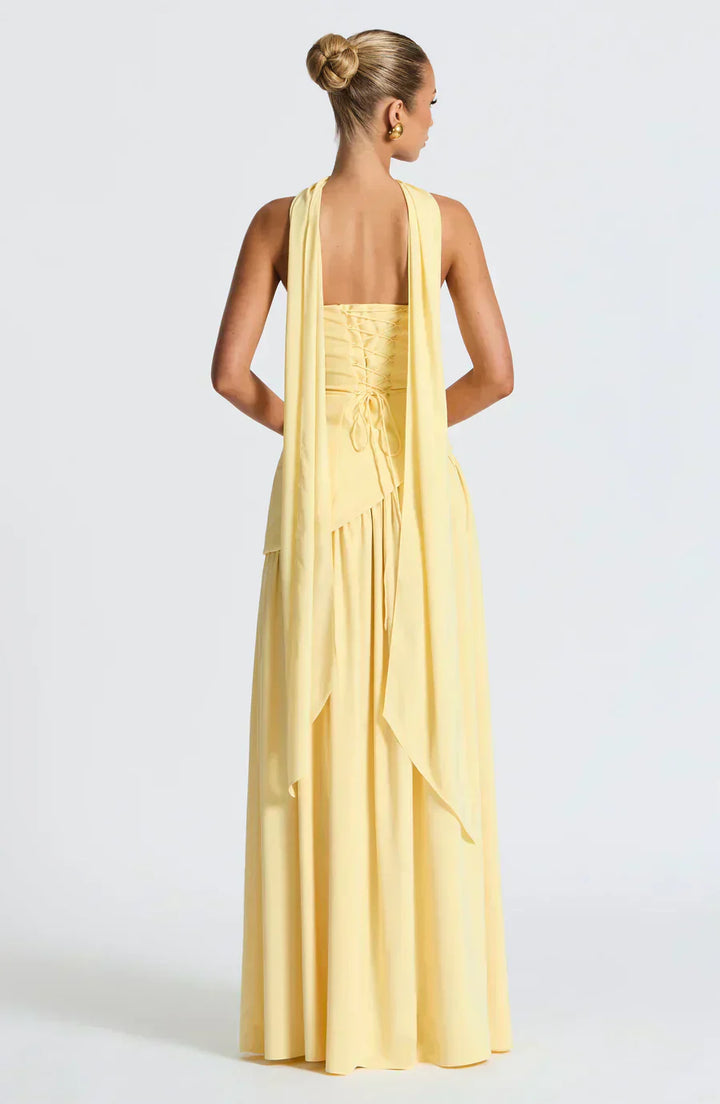 Women's Strapless Maxi Dress with Lace Up Back and High Slit