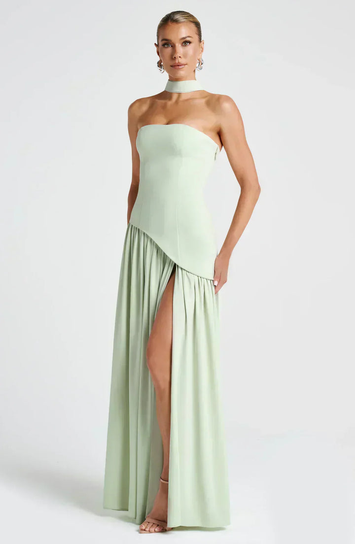 Women's Strapless Maxi Dress with Lace Up Back and High Slit