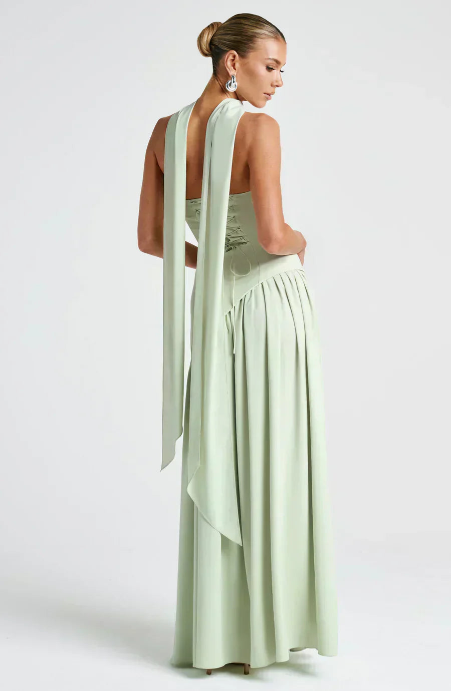 Women's Strapless Maxi Dress with Lace Up Back and High Slit