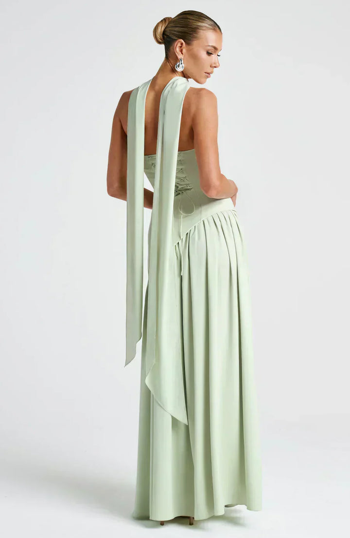 Women's Strapless Maxi Dress with Lace Up Back and High Slit