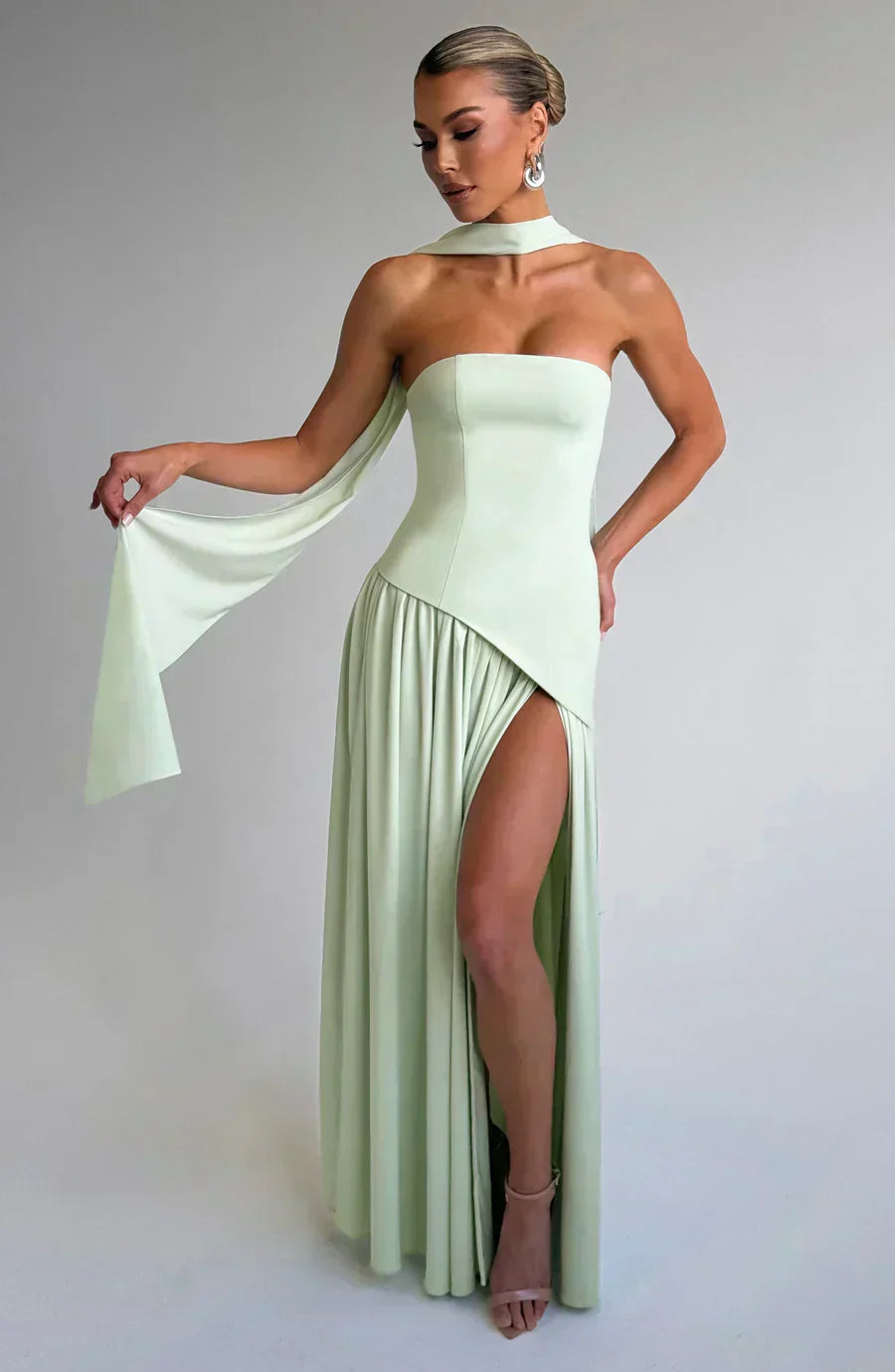 Women's Strapless Maxi Dress with Lace Up Back and High Slit
