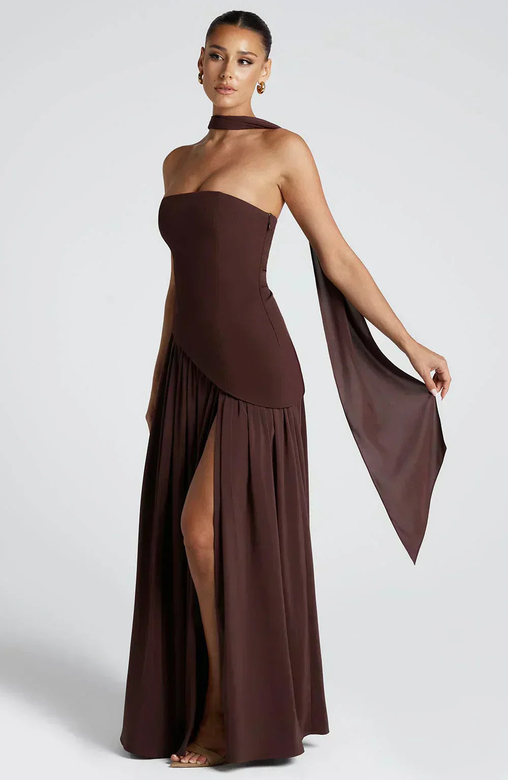 Women's Strapless Maxi Dress with Lace Up Back and High Slit