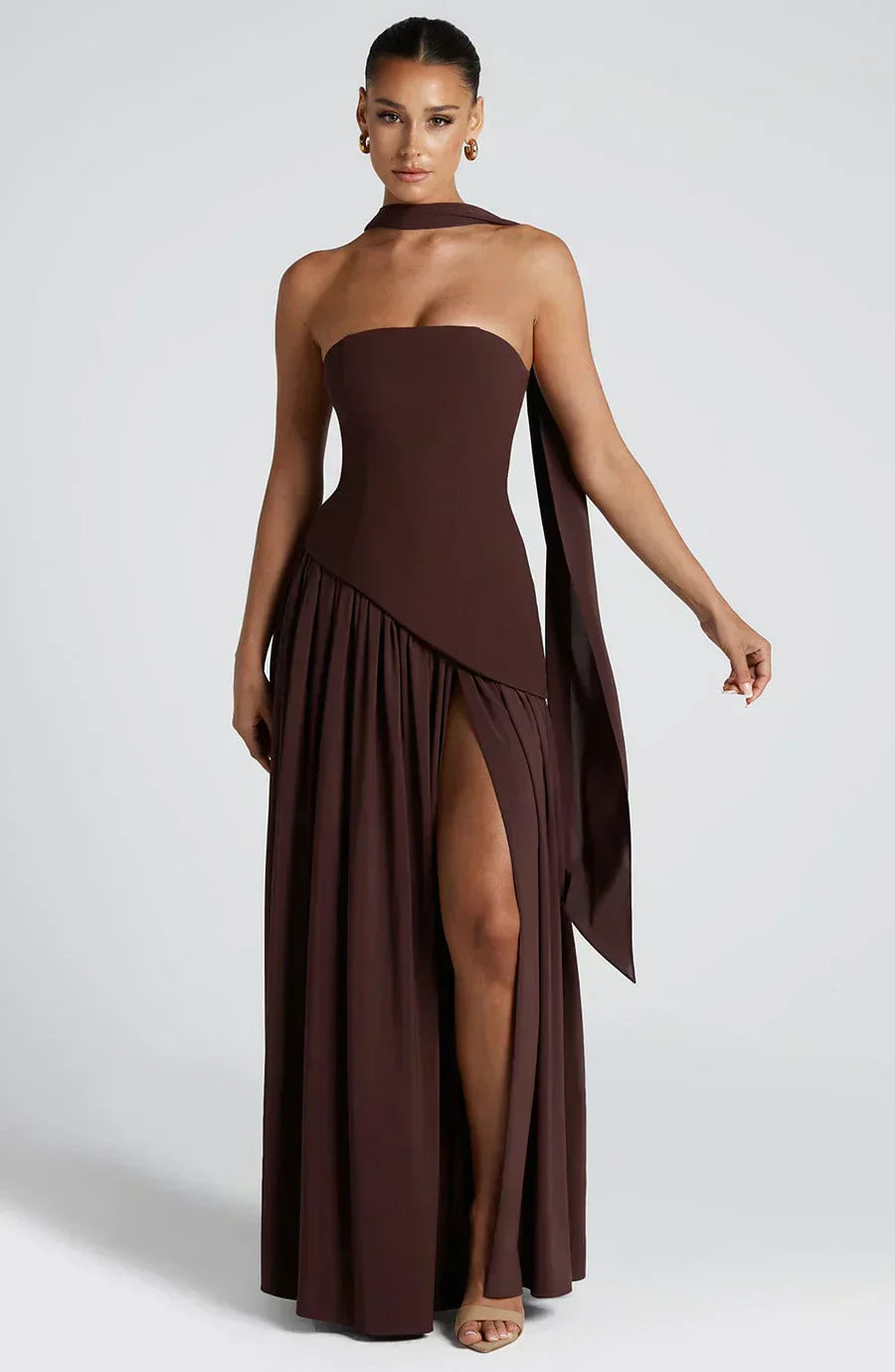 Women's Strapless Maxi Dress with Lace Up Back and High Slit