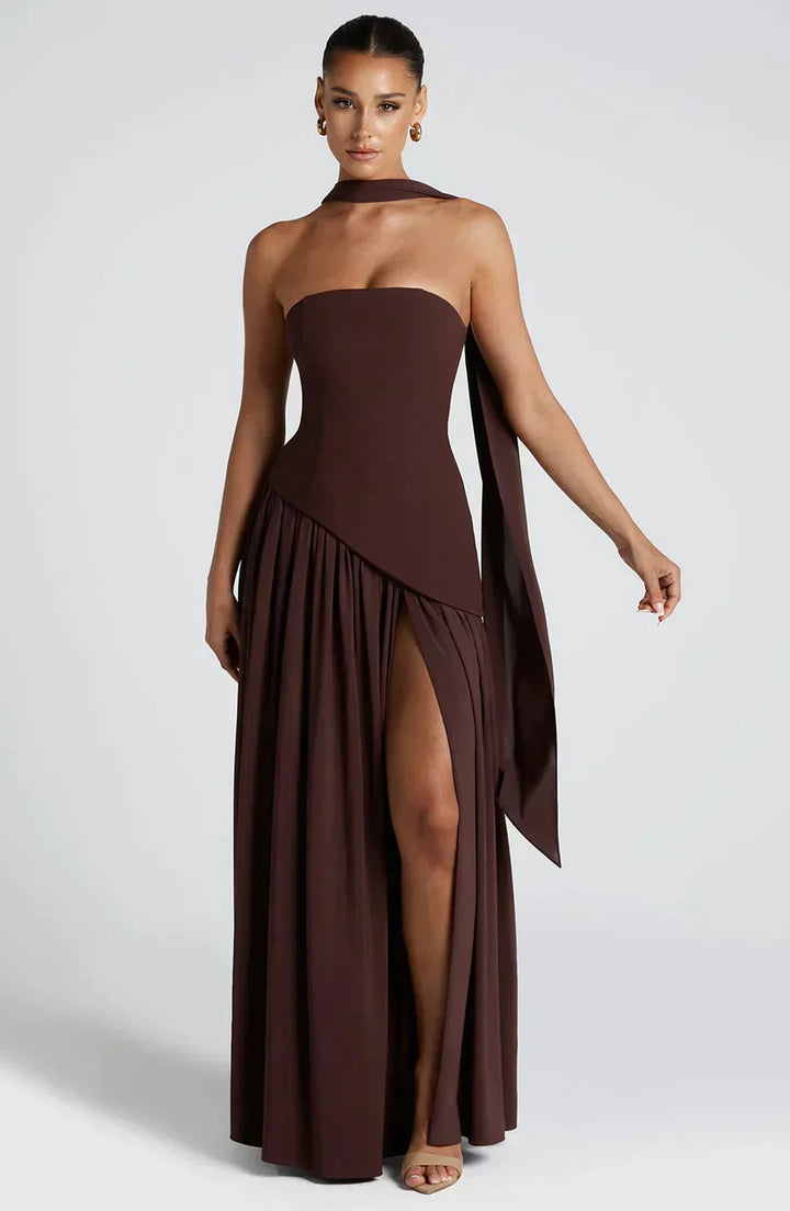 Women's Strapless Maxi Dress with Lace Up Back and High Slit