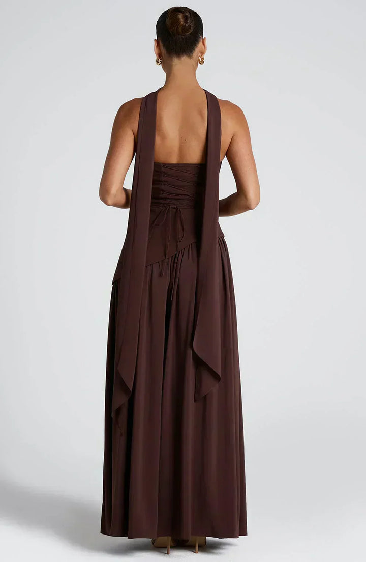 Women's Strapless Maxi Dress with Lace Up Back and High Slit