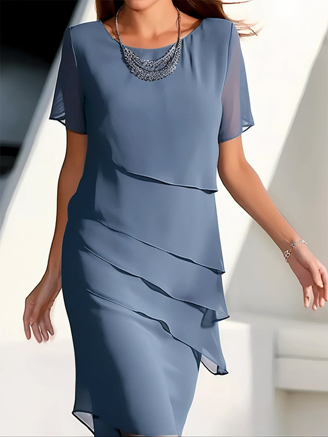 Arya | Midi Cocktail Dress with Round Neck and Tiered Skirt