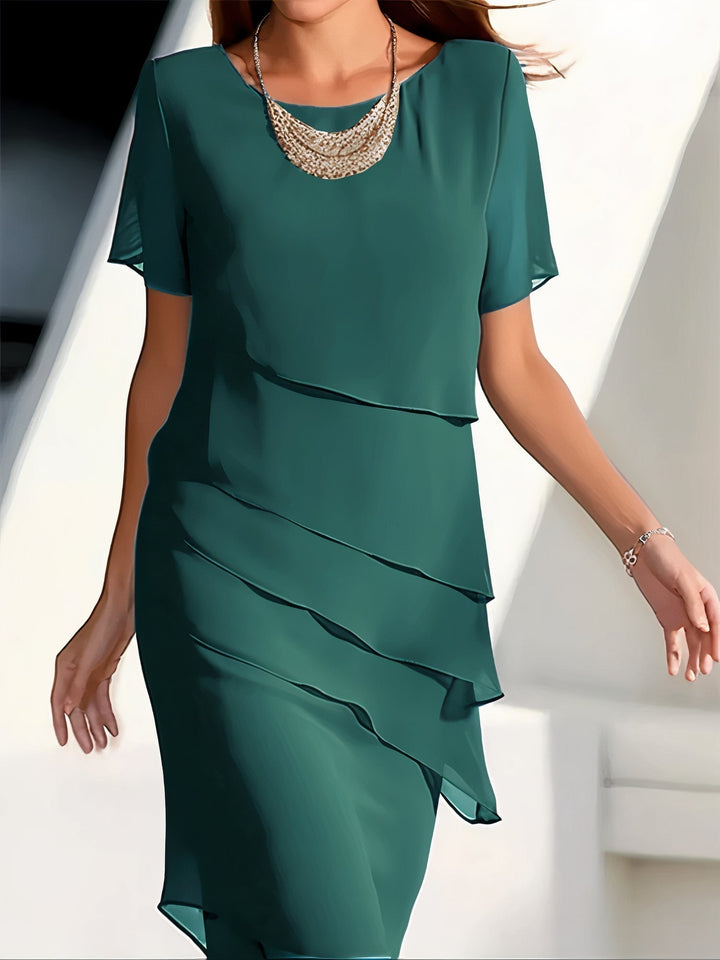 Arya | Midi Cocktail Dress with Round Neck and Tiered Skirt