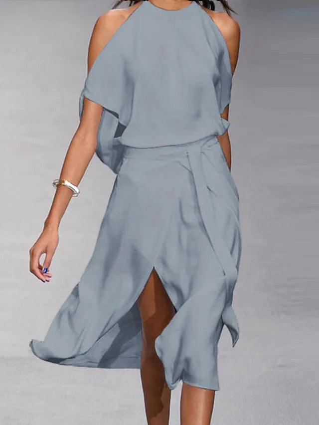 Sharon | Midi Halter Neck Dress with Cold Shoulder
