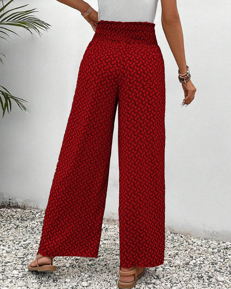 Wia | Floral Print Wide-Leg Trousers with Smocked Waist and Ditsy Print