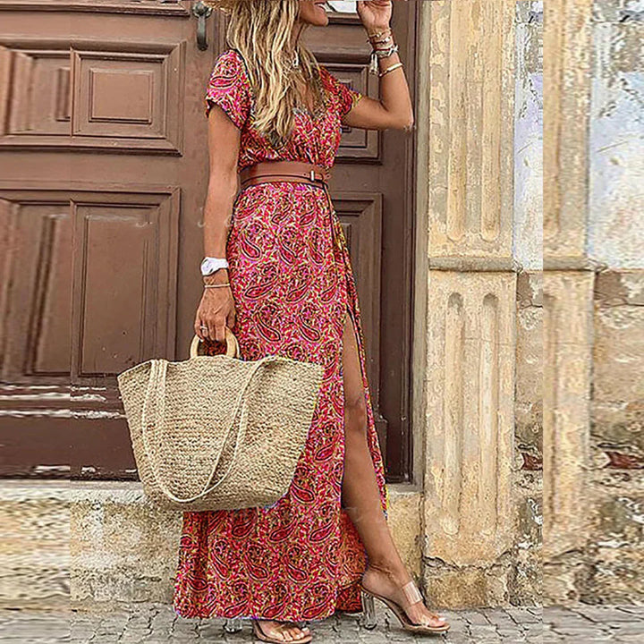Women's Boho Maxi Dress with Belted Waist and Front Slit