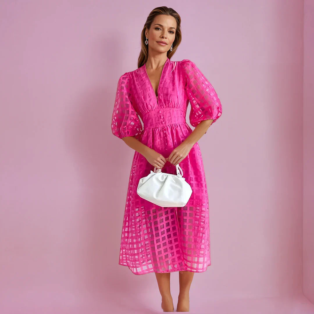 Juli | Midi Summer Dress with V-Neck and Puff Sleeves