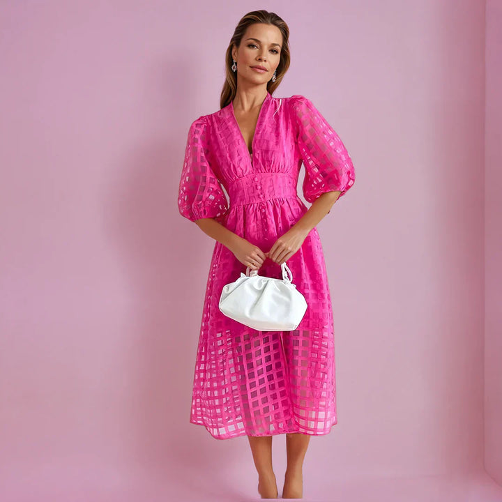 Juli | Midi Summer Dress with V-Neck and Puff Sleeves