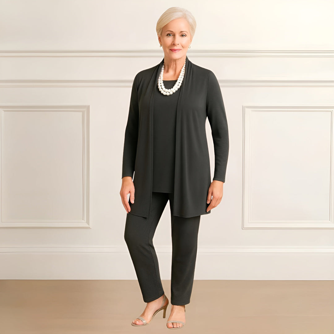 Women's Three Piece Open Front Cardigan and Straight Leg Pants Set