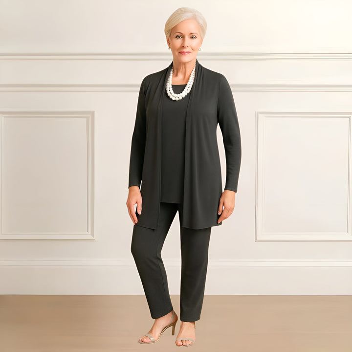 Women's Three Piece Open Front Cardigan and Straight Leg Pants Set