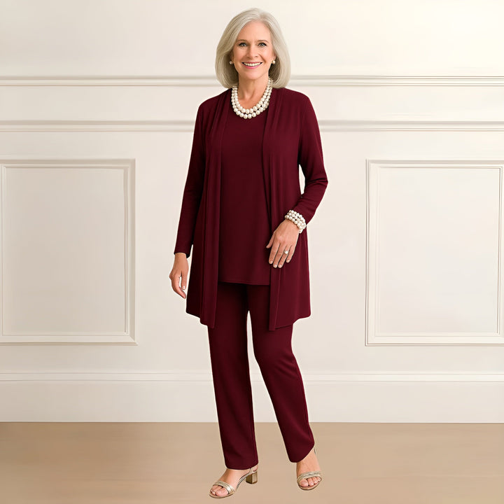 Women's Three Piece Open Front Cardigan and Straight Leg Pants Set