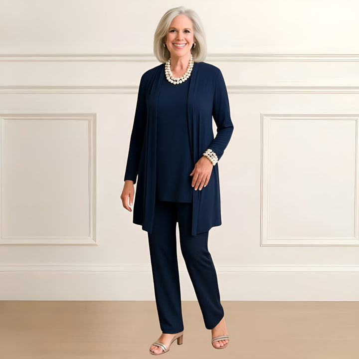 Women's Three Piece Open Front Cardigan and Straight Leg Pants Set