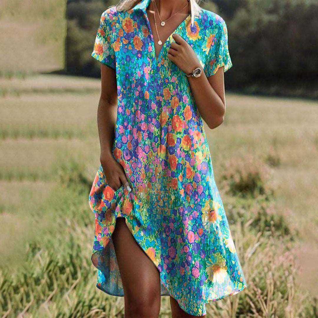Women's Floral Midi Dress with V-Neck Short Sleeve