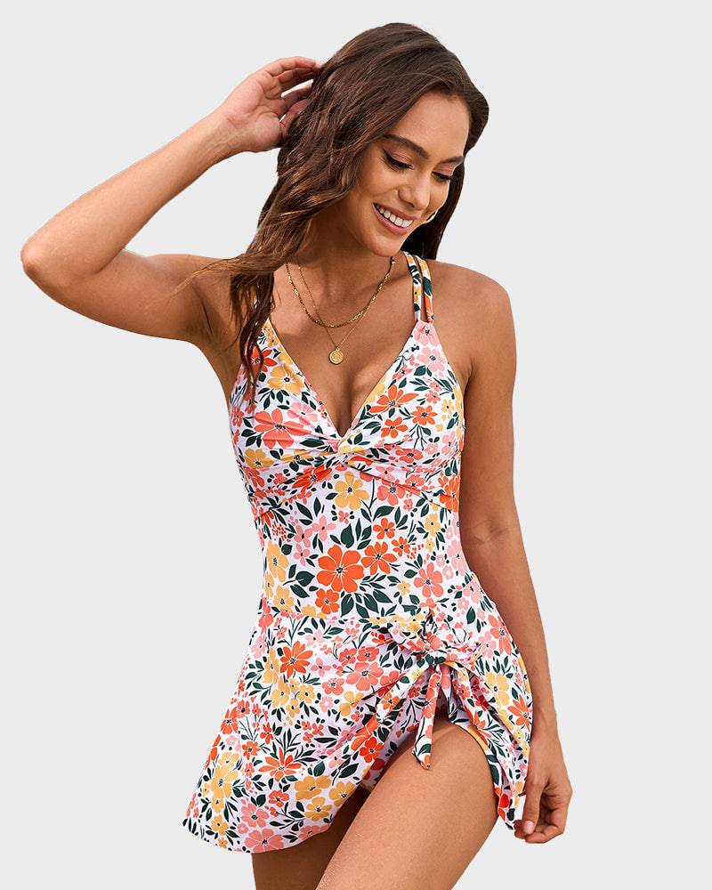Women's Skirted One Piece Swim Dress with Side Tie