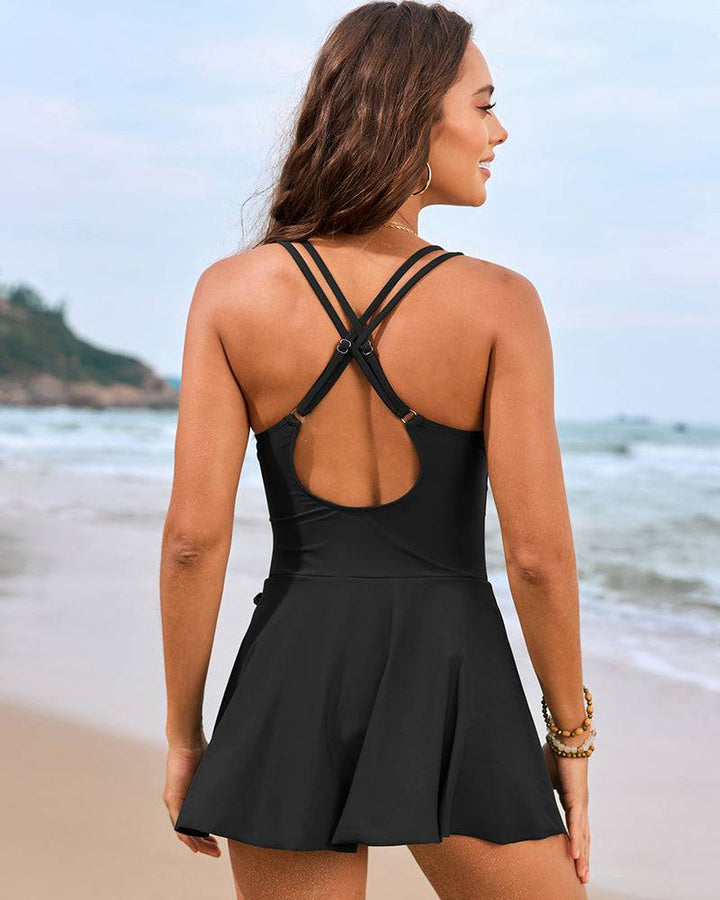 Women's Skirted One Piece Swim Dress with Side Tie