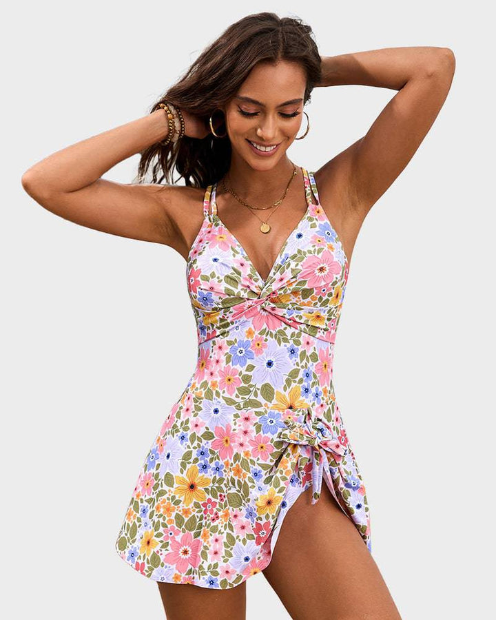 Women's Skirted One Piece Swim Dress with Side Tie