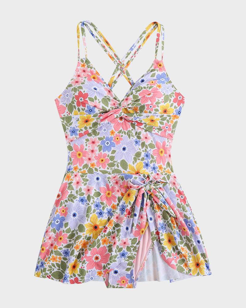 Women's Skirted One Piece Swim Dress with Side Tie