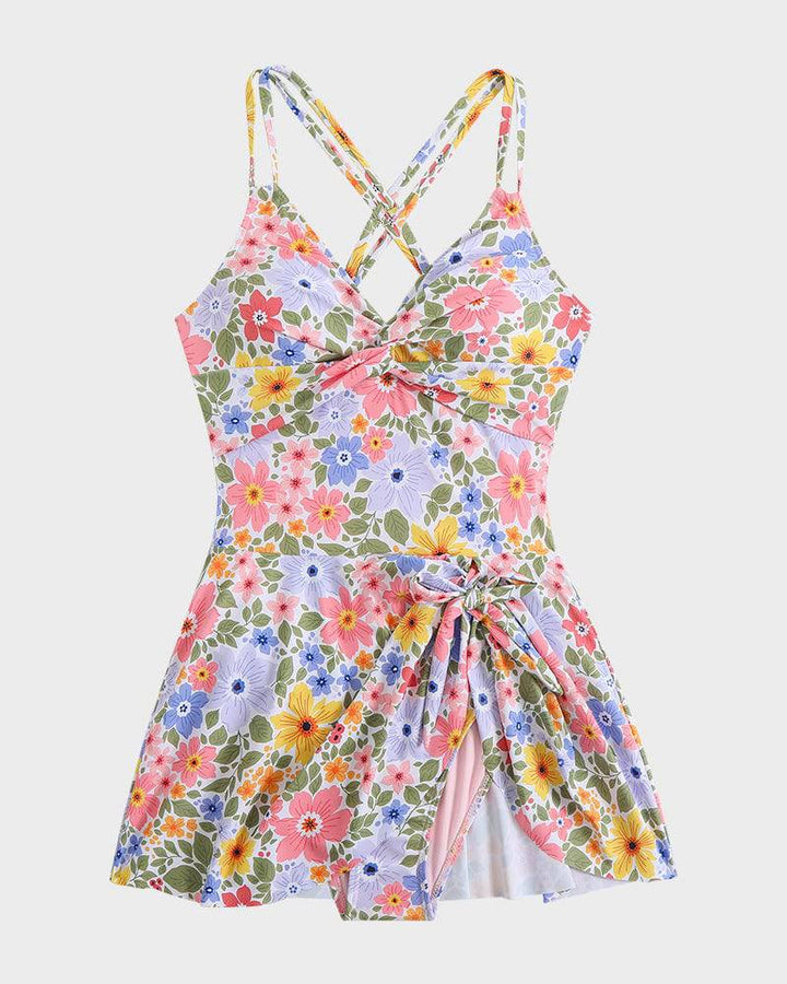 Women's Skirted One Piece Swim Dress with Side Tie