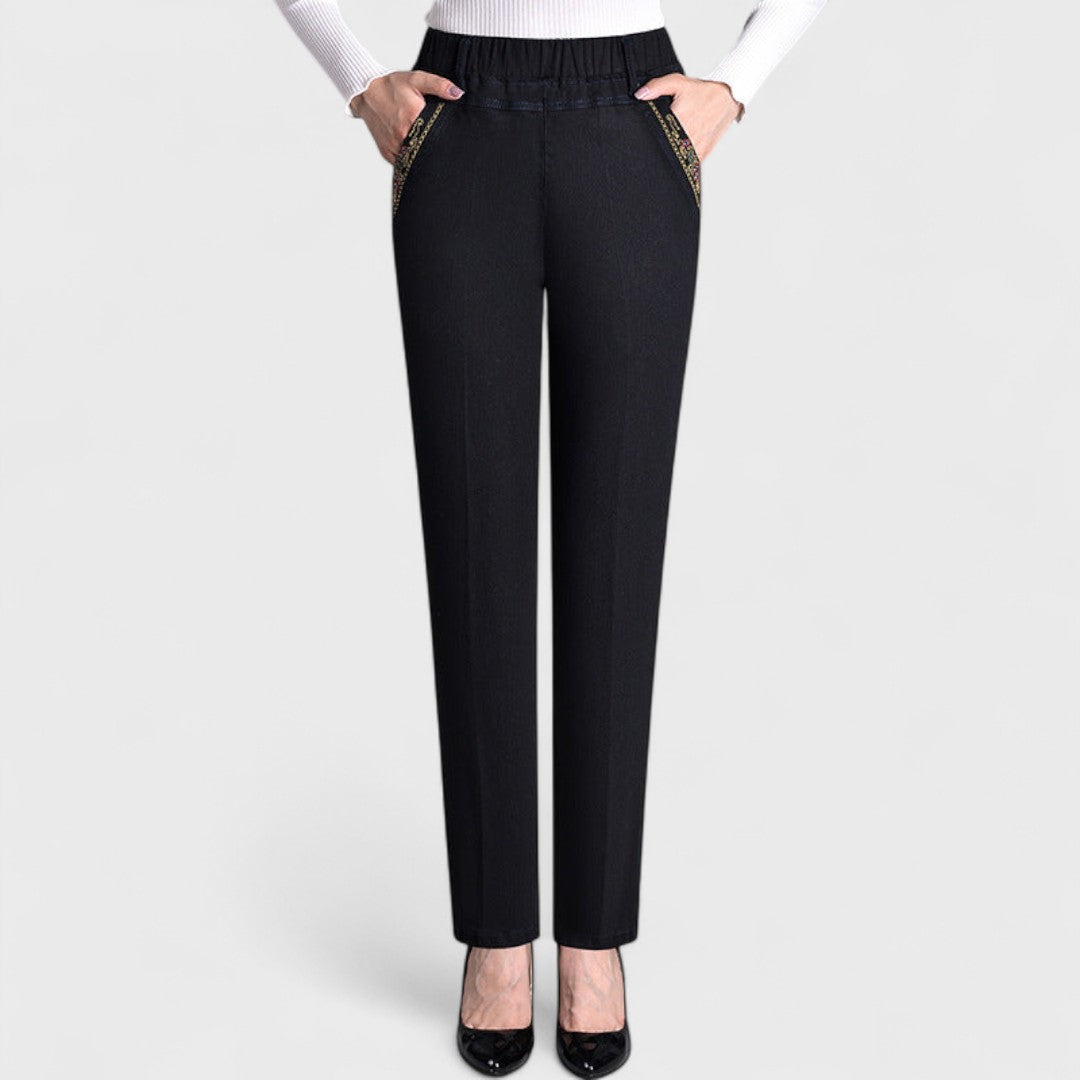 Edna | Straight Leg Trousers with Elastic Waist and Embroidered Pockets