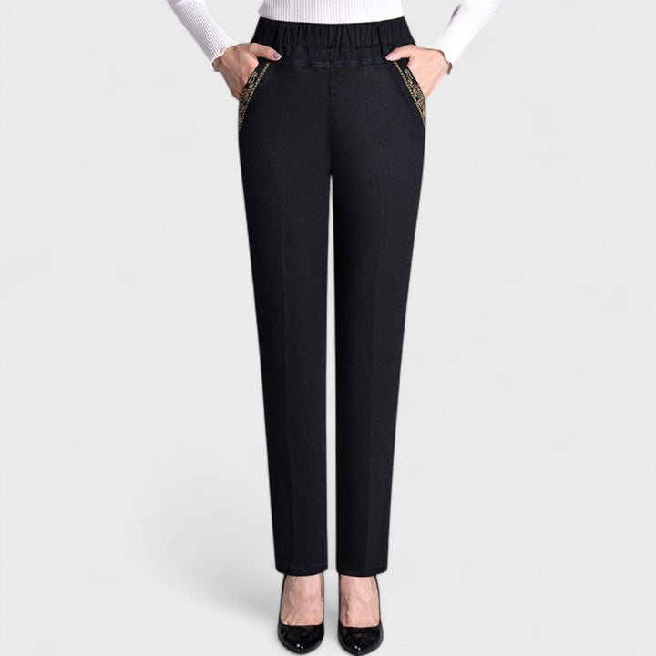 Edna | Straight Leg Trousers with Elastic Waist and Embroidered Pockets