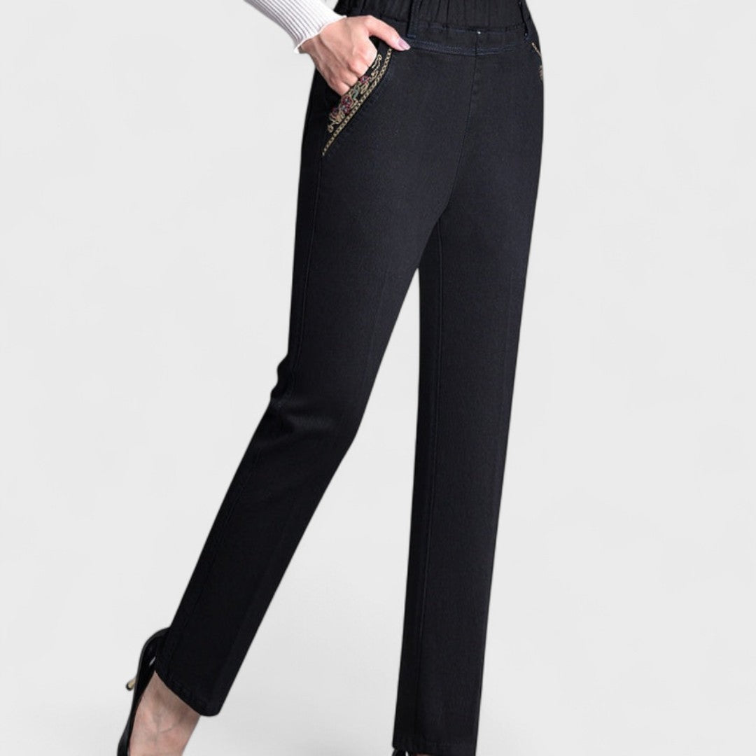 Edna | Straight Leg Trousers with Elastic Waist and Embroidered Pockets