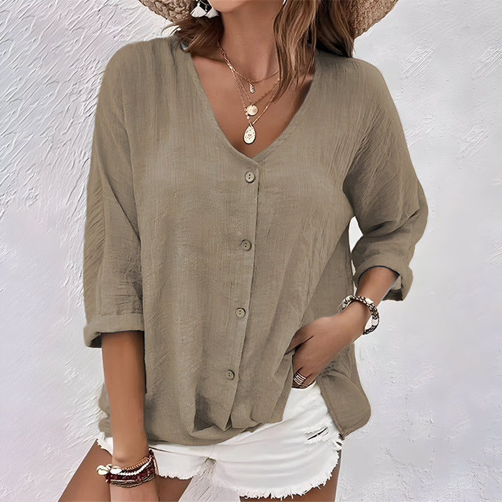 Suki | V Neck Blouse with Three Quarter Sleeves and Button Front