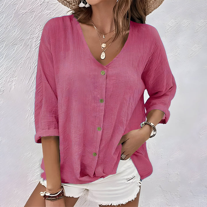Tess | V Neck Blouse with Three Quarter Sleeves and Button Front