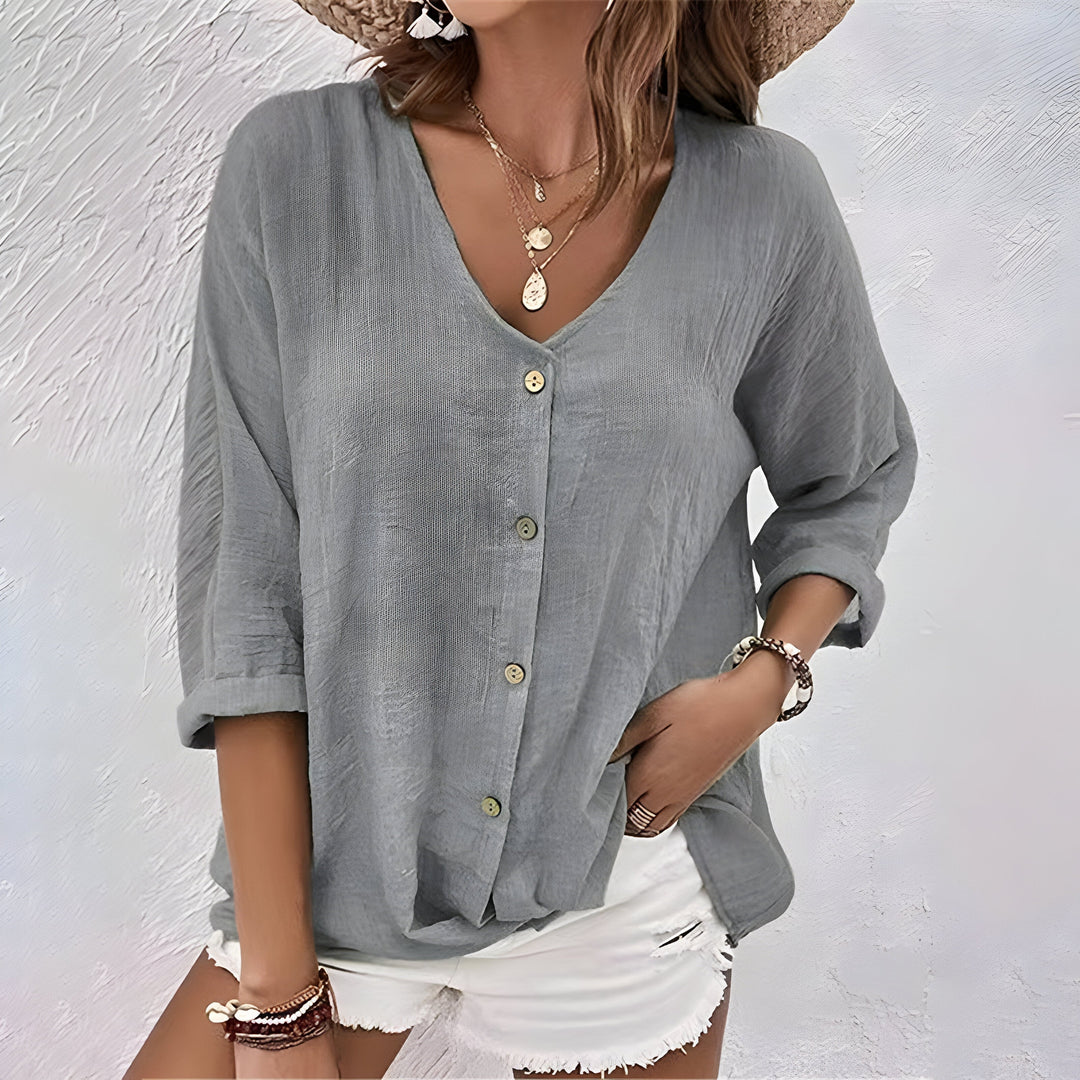 Tess | V Neck Blouse with Three Quarter Sleeves and Button Front