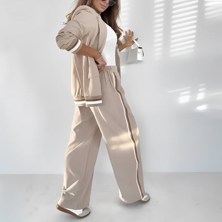 Women's Blazer and Straight Leg Pants Set with Contrast Stripe