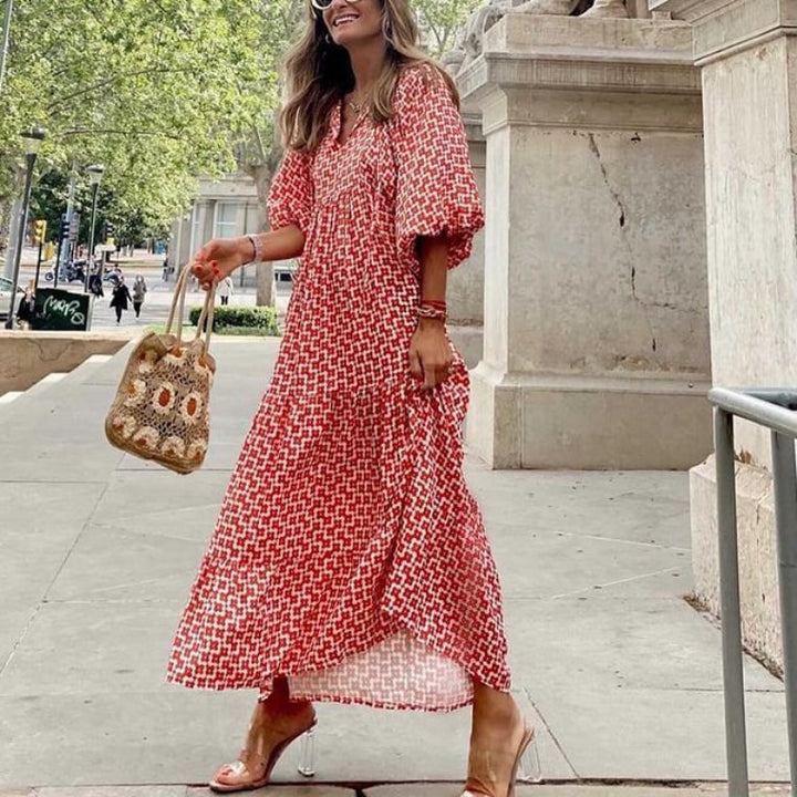 Lucy | Maxi Summer Dress with Boho Print and Puff Sleeves