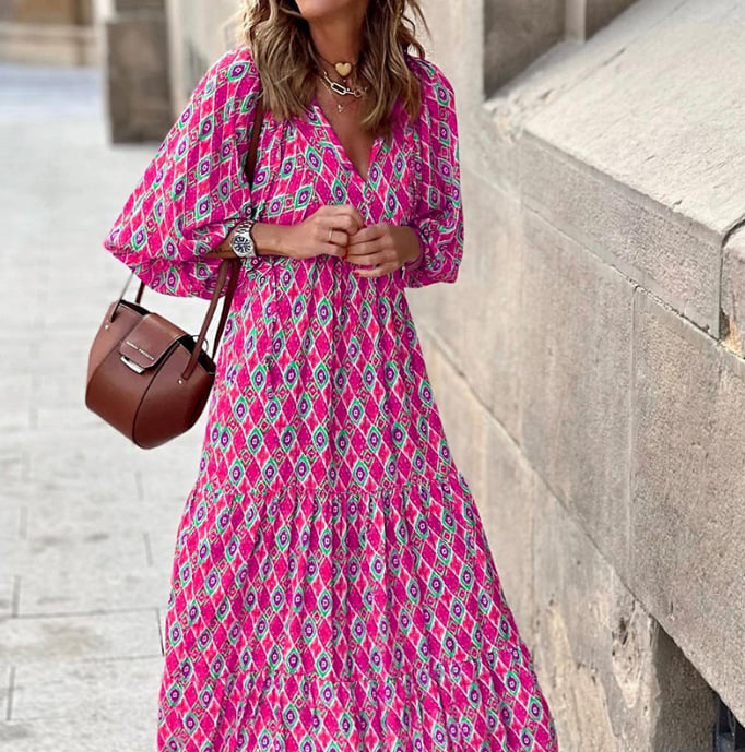 Lucy | Maxi Summer Dress with Boho Print and Puff Sleeves
