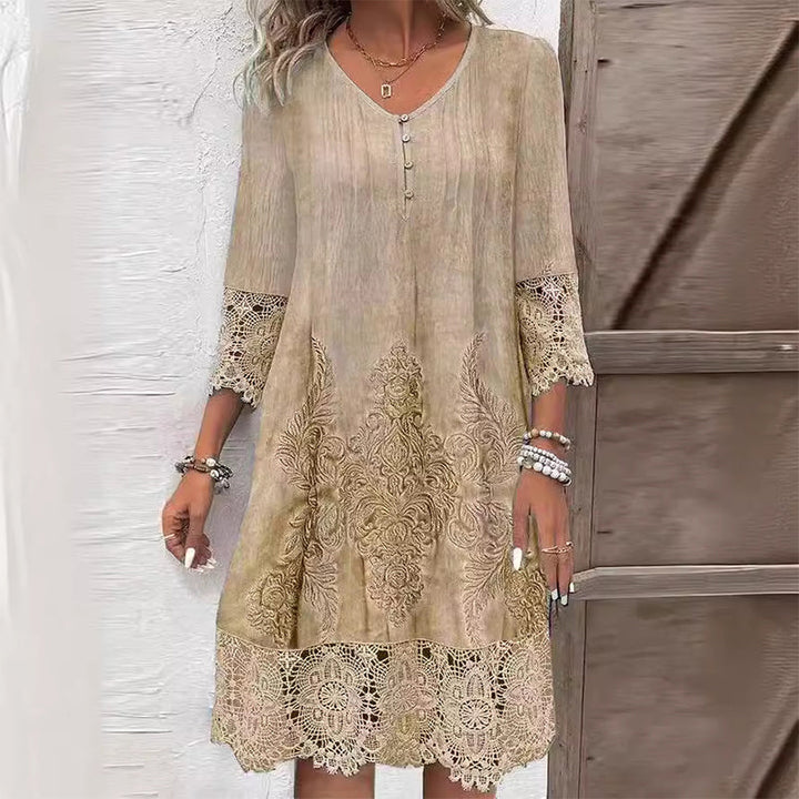 Women's Lace Midi Dress with V-Neck Button Placket and 3/4 Sleeves