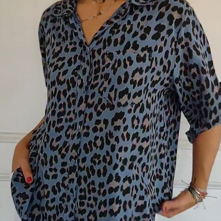 Women's Animal Print Blouse with Button Front and Roll Sleeve