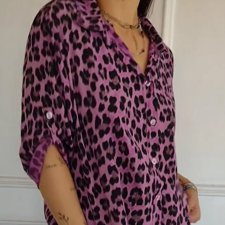 Women's Animal Print Blouse with Button Front and Roll Sleeve