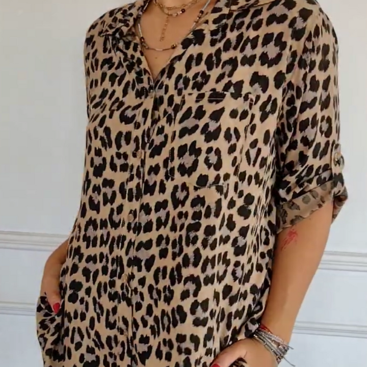 Women's Animal Print Blouse with Button Front and Roll Sleeve