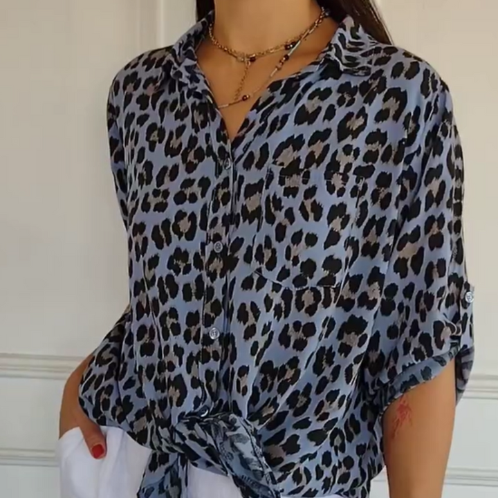 Women's Animal Print Blouse with Button Front and Roll Sleeve