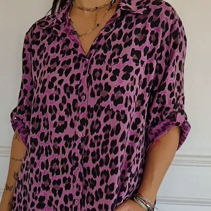 Women's Animal Print Blouse with Button Front and Roll Sleeve