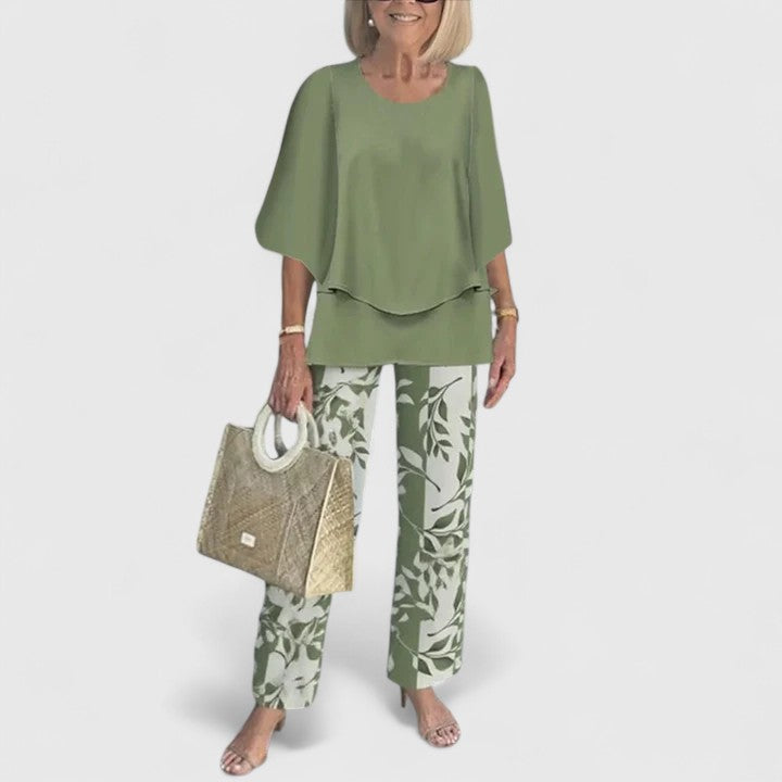 Joan | Matching Set with Leaf Print Trousers and Layered Top