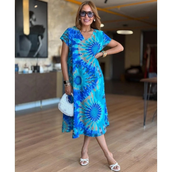 Lily | Midi Summer Dress with Sunflower Print and Short Sleeves